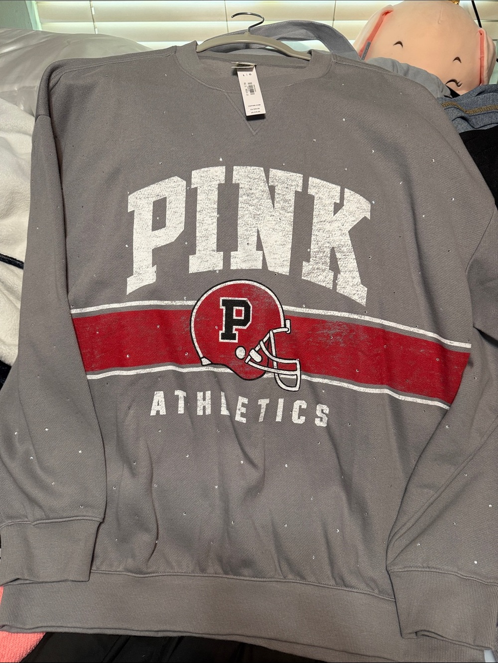 PINK Victoria's Secret Gray Crewneck Sweatshirt with Red Stripe and Helmet Logo